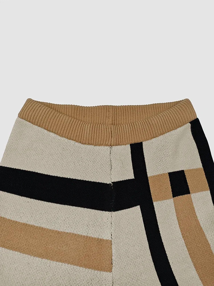 Beautyblue 2 Piece Sets Women Outfit Pant Sets 2025 New Round-Neck Pullovers Khaki Sweater Striped Wide Leg Pants Tops&Bottoms