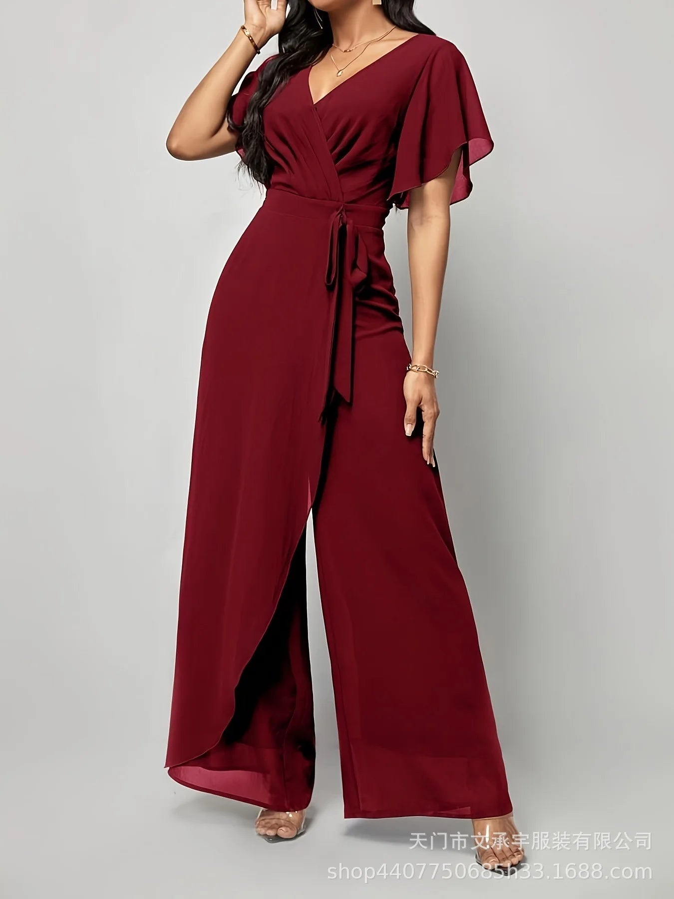 Women's New Solid V Neck Flutter Sleeve Tie Waist Split Wide Leg Jumpsuit Elegant Slimming Versatile Party Daily Casual Jumpsuit