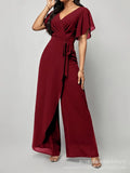 Women's New Solid V Neck Flutter Sleeve Tie Waist Split Wide Leg Jumpsuit Elegant Slimming Versatile Party Daily Casual Jumpsuit