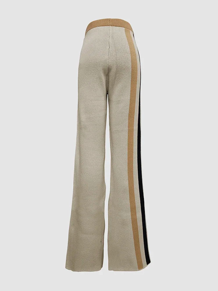 Beautyblue 2 Piece Sets Women Outfit Pant Sets 2025 New Round-Neck Pullovers Khaki Sweater Striped Wide Leg Pants Tops&Bottoms
