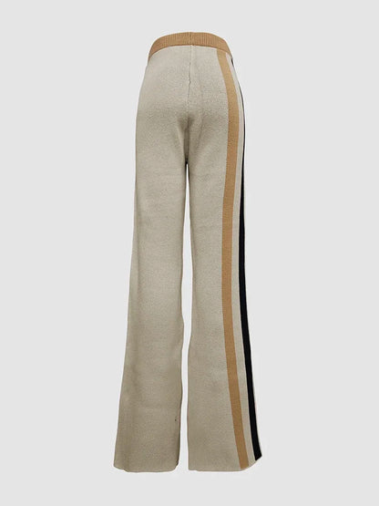 Beautyblue 2 Piece Sets Women Outfit Pant Sets 2025 New Round-Neck Pullovers Khaki Sweater Striped Wide Leg Pants Tops&Bottoms
