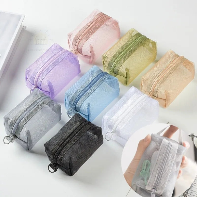 1pc Multifunctional Square Nylon Mesh Storage Bags Travel Portable Urltra-Light Mini Wash Bags Mini Zipper Coin Purse