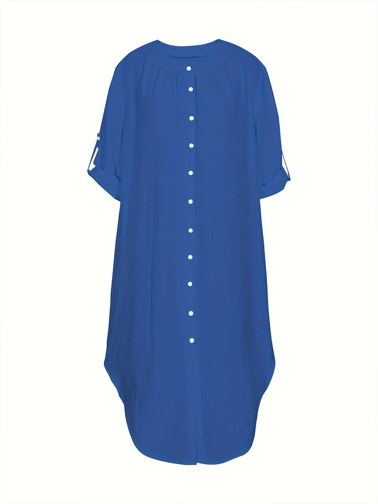 Vestido de talla grande para mujer, primavera y verano 2024, con botones de una sola fila, color liso, informal, suelto, largo, de poliéster.