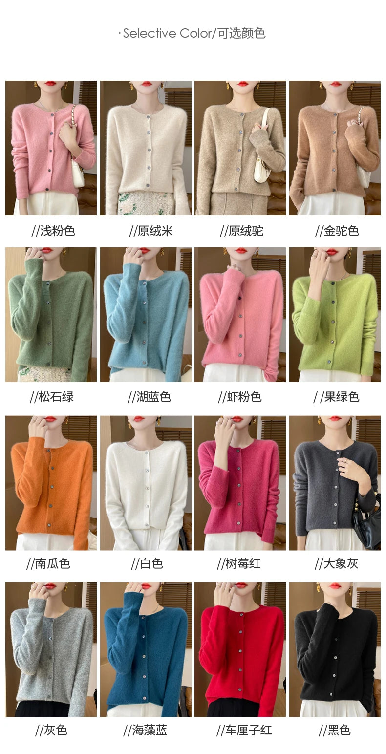 100% Merino Wool Long Sleeve Sweaters Cashmere Cardigan Spring Autumn Women O-Neck Knitwear Tops Clothing Fashion Basic Tops