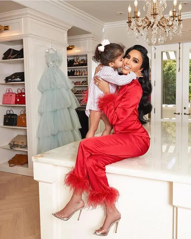 Women's Solid Color Suit Lapel Top Feather Pants Two-Piece Pajama Set 2024
