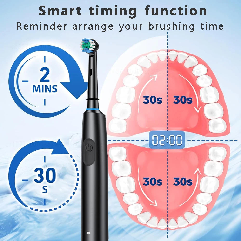 Cepillo de dientes eléctrico giratorio con 8 cabezales de carga rápida, 5 modos de carga, recargable para el cuidado bucal de adultos.