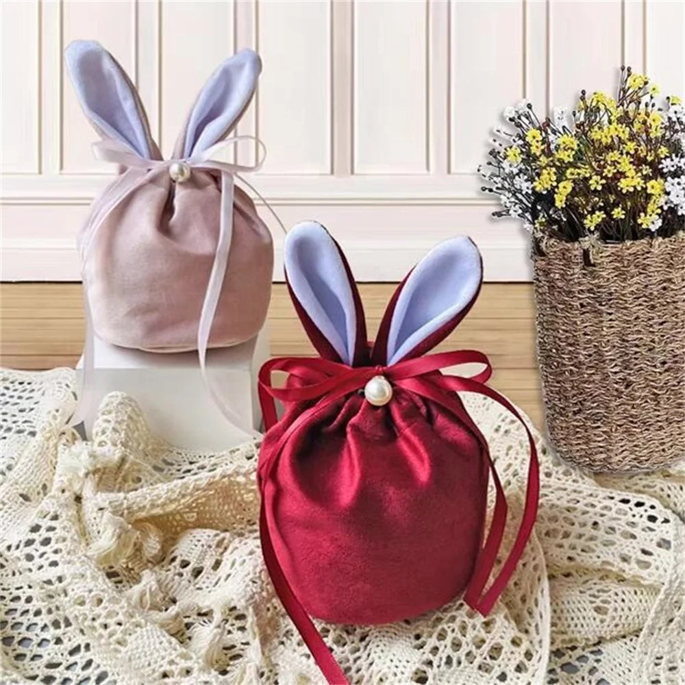 New Rabbit Ears Candy Bag Easter Drawstring Bag Velvet Draw String Candy Bags Gift Packing Bags Party Decoration Drop Shipping
