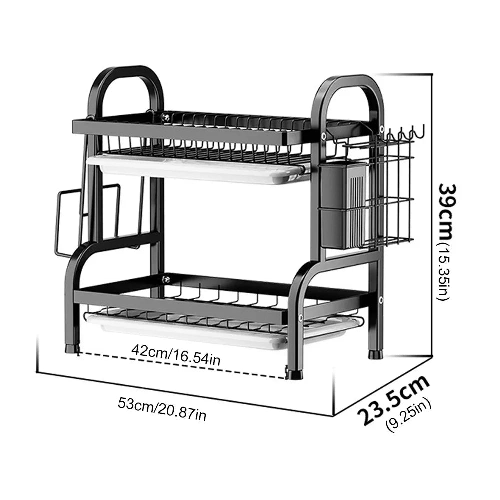 2-Tier Dish Drying Rack Adjustable Kitchen Plates Organizer with Drainboard Over Sink Countertop Cutlery Storage Holder