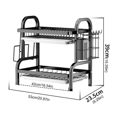 2-Tier Dish Drying Rack Adjustable Kitchen Plates Organizer with Drainboard Over Sink Countertop Cutlery Storage Holder