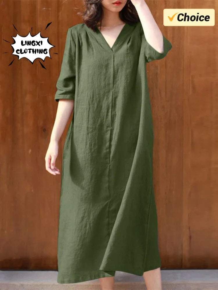 Vestido elegante de verano 2022 para mujer, de algodón y fibra de cáñamo, talla grande, con escote en V, monocromático, de longitud media y empalmado. 