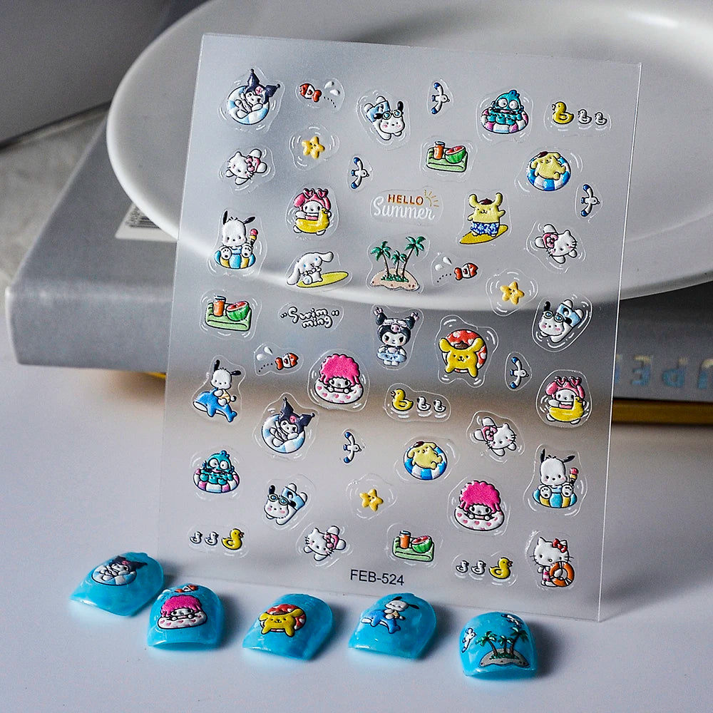 Sanrio Anime 5D Nail Stickers Hello Kitty Kurome Cartoon Stickers Nail Decoration Cute Melody Nail Art Decals Nail Art Supplies