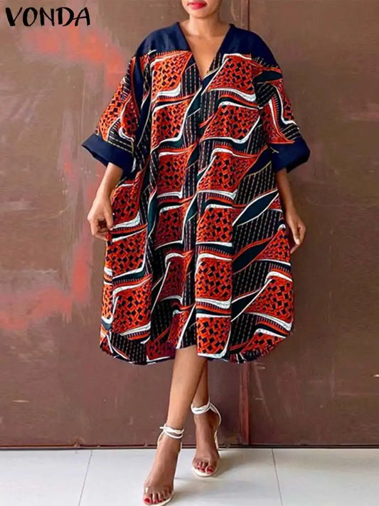 Vestido de verano VONDA 2024 para mujer, talla grande 5XL, cuello en V, fiesta, sexy, de media manga, estampado bohemio, holgado