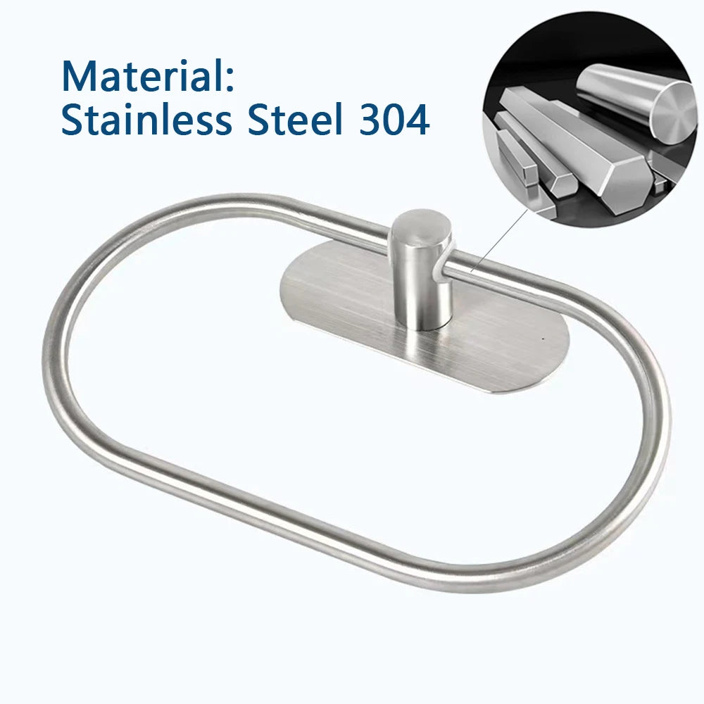 Stainless Steel Towel Holder Self-adhesive Bathroom Towel Rack Black Washhand Hanger Ring Rail Bar Kitchen Storage Accessories