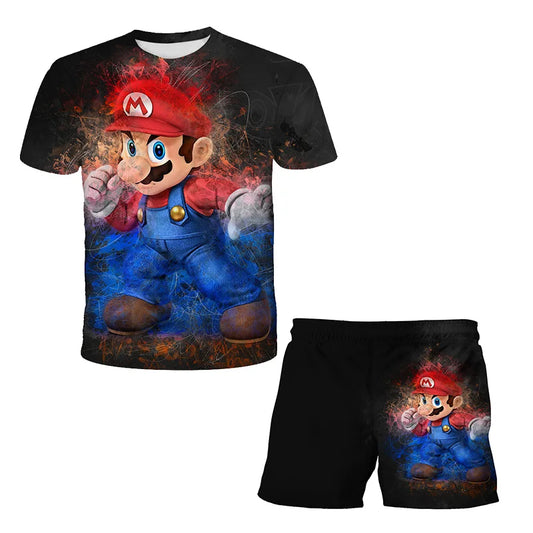Summer Anime Super Mario Fashion Cute Boy 3D Top T-shirt+Shorts Two-Piece Set Mario Girl and Boy Top Short Sleeved Shorts