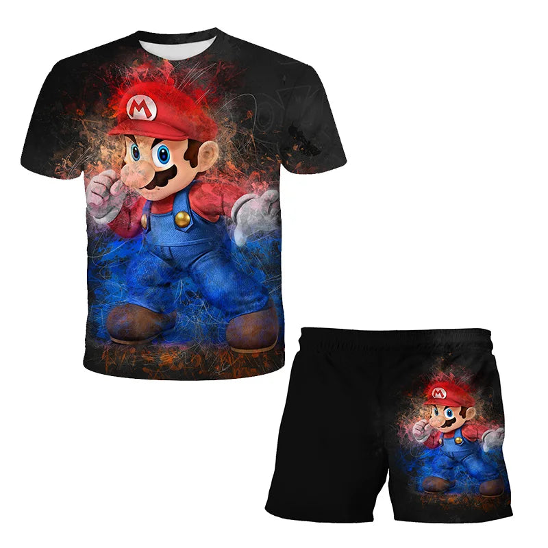 Summer anime Super Mario fashion cute boy 3D top T-shirt+shorts two-piece set Mario girl and boy top short sleeved shorts