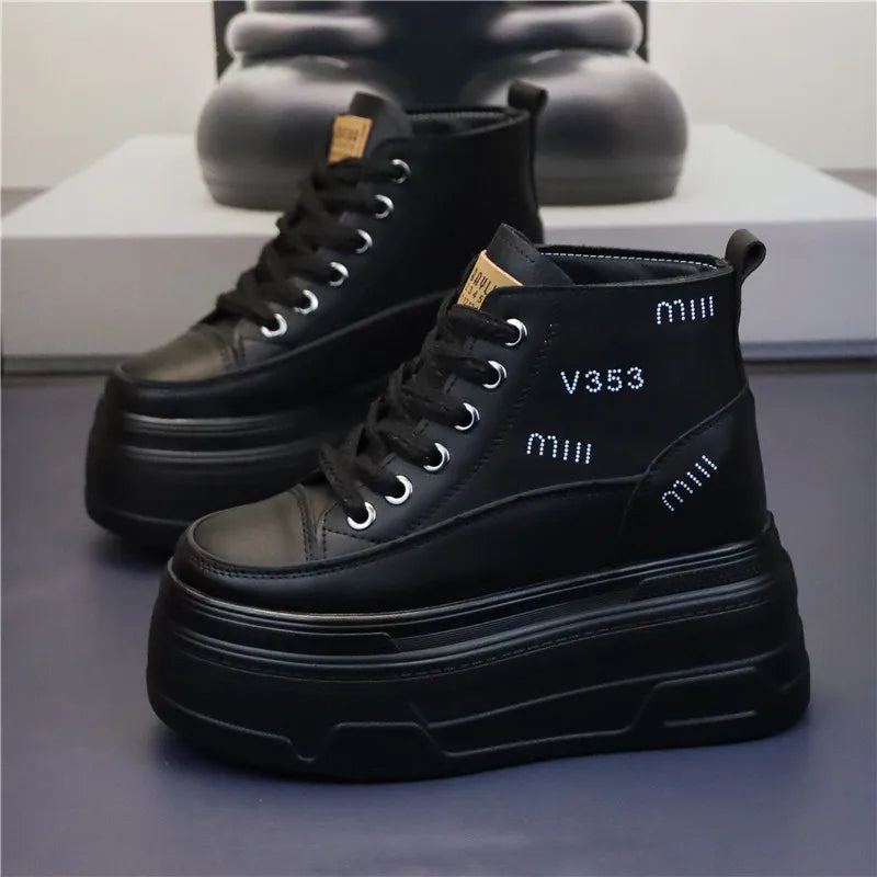 High Top Fashion Sneakers White Chunky Platform Wedge Shoes 12cm 14cm Height Increased Woman Sports Casual Shoe Tennis Female