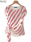 ZANZEA 2025, Tops estampados a rayas coreanas, blusa de manga corta a la moda, vacaciones de verano, túnica holgada con cinturón, Tops simples informales