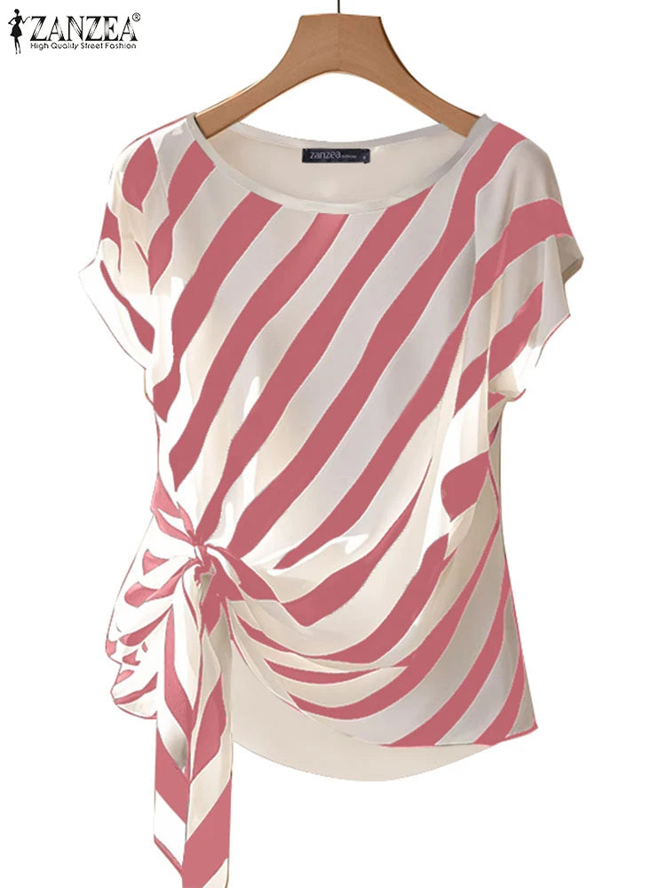 ZANZEA 2025, Tops estampados a rayas coreanas, blusa de manga corta a la moda, vacaciones de verano, túnica holgada con cinturón, Tops simples informales