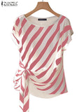 ZANZEA 2025, Tops estampados a rayas coreanas, blusa de manga corta a la moda, vacaciones de verano, túnica holgada con cinturón, Tops simples informales