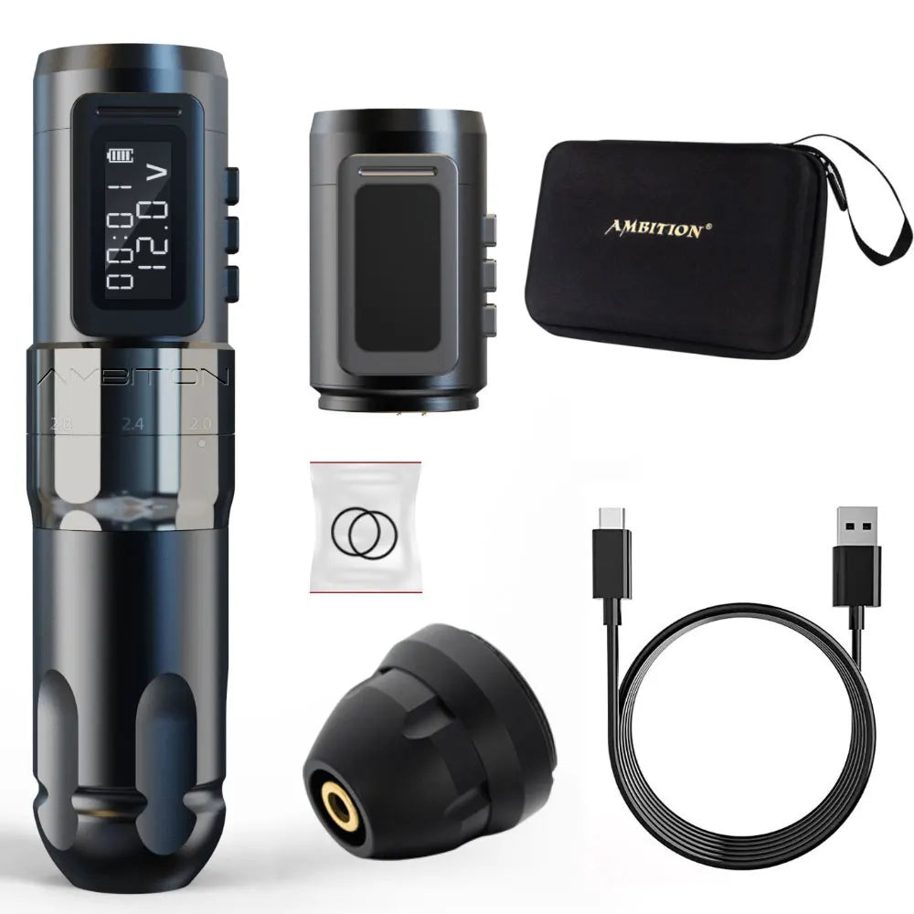 Máquina de tatuaje inalámbrica profesional Ambition MARS-U con pluma y trazo ajustable, cartucho de 2-4 mm, motor sin núcleo de 1800 mAh, para artistas del tatuaje