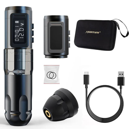 Máquina de tatuaje inalámbrica profesional Ambition MARS-U con pluma y trazo ajustable, cartucho de 2-4 mm, motor sin núcleo de 1800 mAh, para artistas del tatuaje