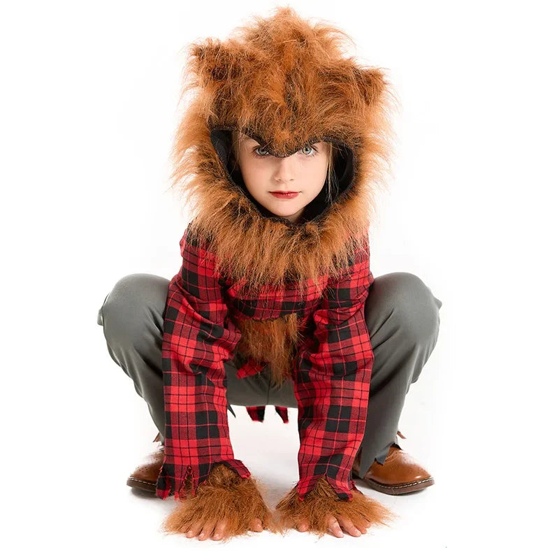 Kids Girls Boys Werewolf Animal Costume Shirt Pants Mask Gloves Fancy Cosplay Halloween Little Red Riding Hood Big Grey Wolf Clothes