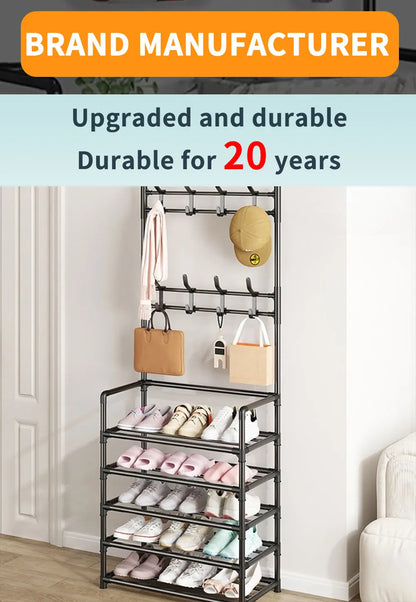 Zapatero de múltiples capas para el hogar, perchero integrado para abrigos y sombreros, puerta para zapatos, estante multifuncional simple
