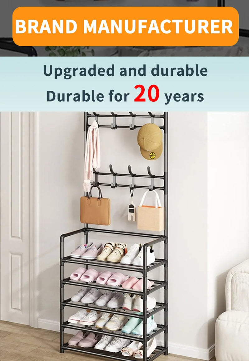 Zapatero de múltiples capas para el hogar, perchero integrado para abrigos y sombreros, puerta para zapatos, estante multifuncional simple
