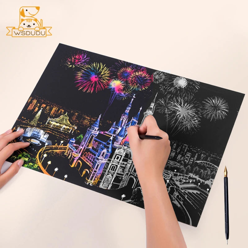 2 Sheets Scratch Paper Art Kit DIY Craft World Landmarks Animals City Scene Stylus Drawing Toy Adult Stress Relief Creative Gift