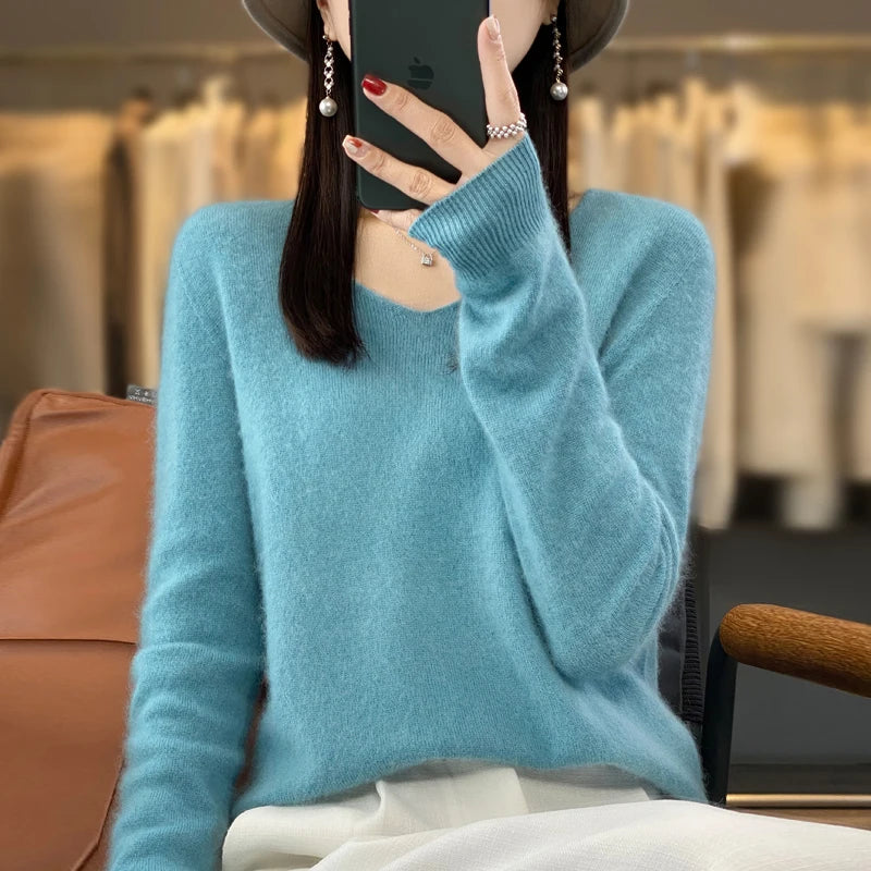 Suéter básico de otoño-invierno 2024 para mujer, 100 % lana merino, cuello en V, tejido de punto liso, jersey de oficina para mujer, manga larga, cachemir.