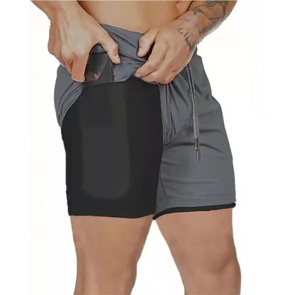 Men's Fitness Built-in Pocket Sports Shorts Summer 2 in 1 Quick Dry Gym Beach Shorts Running Double-decker Shorts Mesh Sweatpants 