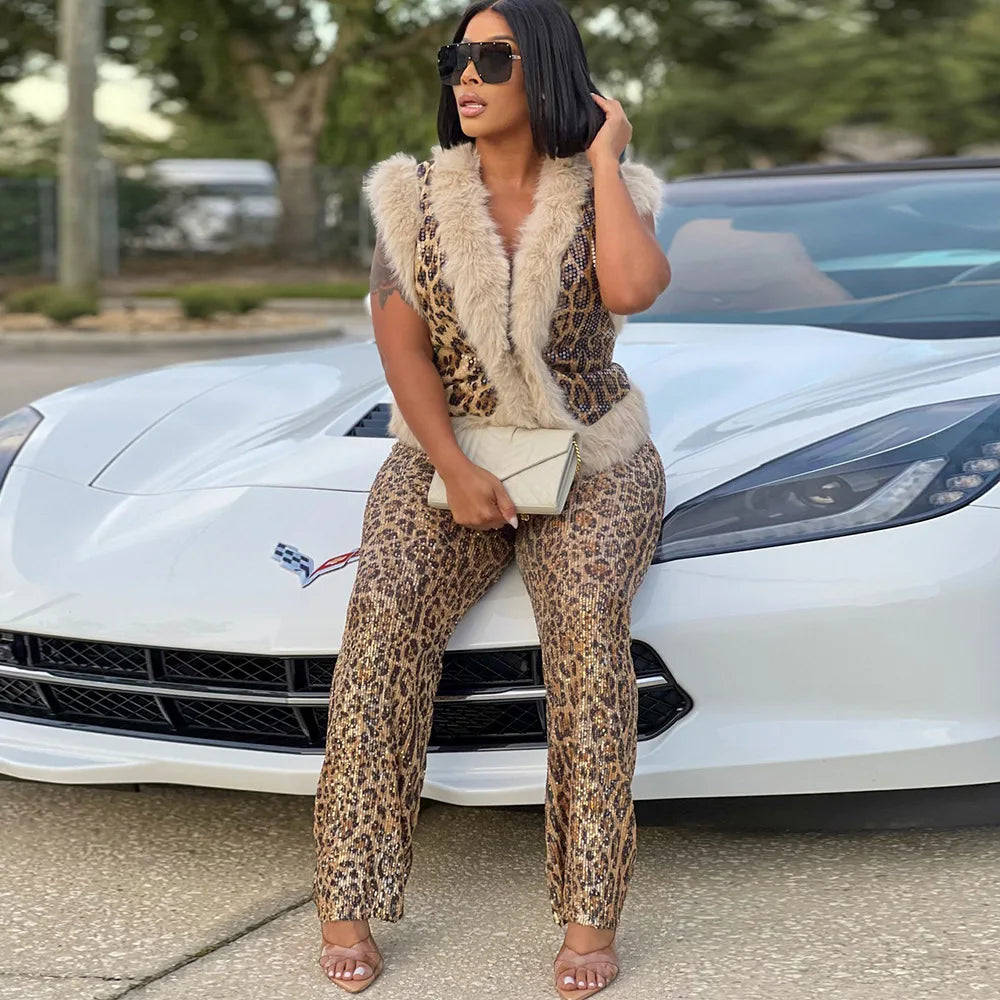 CM.YAYA Conjunto de mujer sin mangas de piel de leopardo con lentejuelas, cuello en V, chaleco de lana y pantalón, conjunto de 2 piezas Street Two 2024, chándal