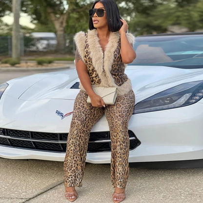 CM.YAYA Conjunto de mujer sin mangas de piel de leopardo con lentejuelas, cuello en V, chaleco de lana y pantalón, conjunto de 2 piezas Street Two 2024, chándal