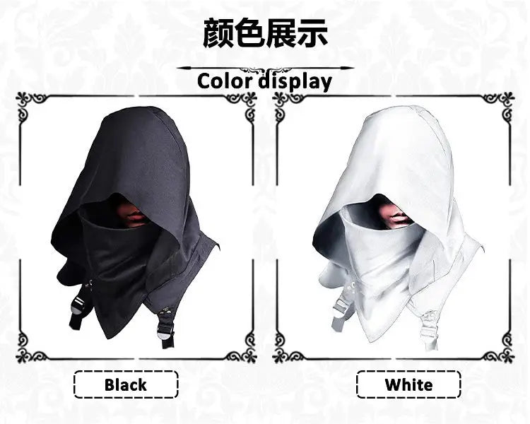 Men's Medieval Vintage Pirate Cosplay Mask Hooded Cloak Black White Gothic Punk Button Hood Face Shield Halloween Costumes