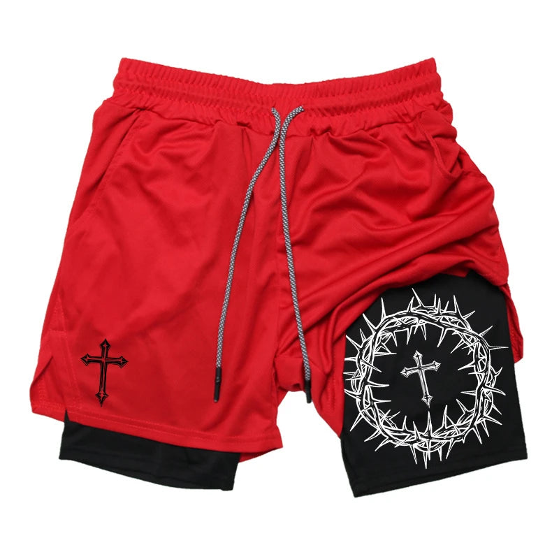 Cross Print 2 in 1 Workout Running Shorts for Men Christian Gym Performance Shorts with Phone Pocket Towel Loop Athletic Outfits
