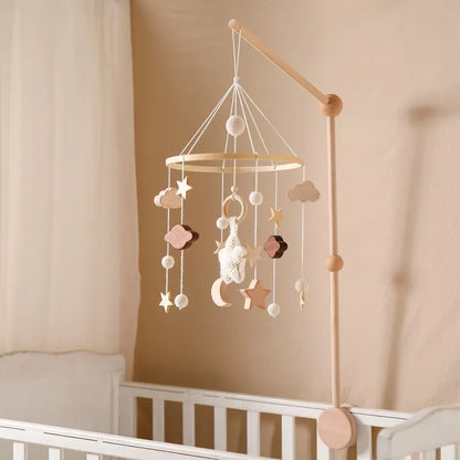 Baby Crib Mobile Rattle Toy Wooden Bed Bell Mobile Hanging Teddy Velvet Bear Doll Toy Newborn Music Box Crib Mobile Bracket Gift