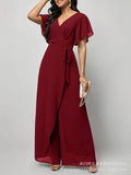 Women's New Solid V Neck Flutter Sleeve Tie Waist Split Wide Leg Jumpsuit Elegant Slimming Versatile Party Daily Casual Jumpsuit