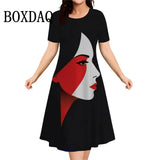 Women's Casual Fashion Plus Size Short Sleeve Print Dress Summer 2026 Abstract Elegant Dresses Female Daily Basic Dress Vestidos
