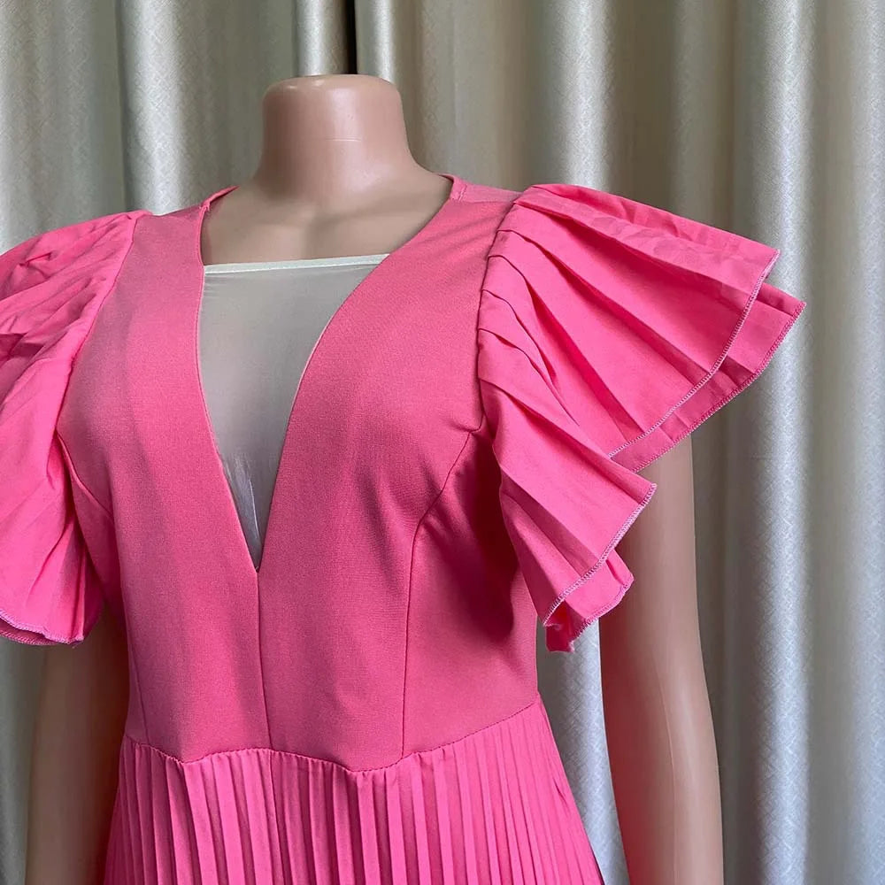 Elegant Pleated Jumpsuits & Rompers for Women V Neck Ruffles High Waisted Loose Floor Length Luxury Female Birthday Party Romper