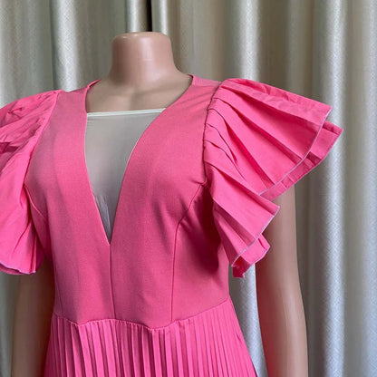 Elegant Pleated Jumpsuits & Rompers for Women V Neck Ruffles High Waisted Loose Floor Length Luxury Female Birthday Party Romper
