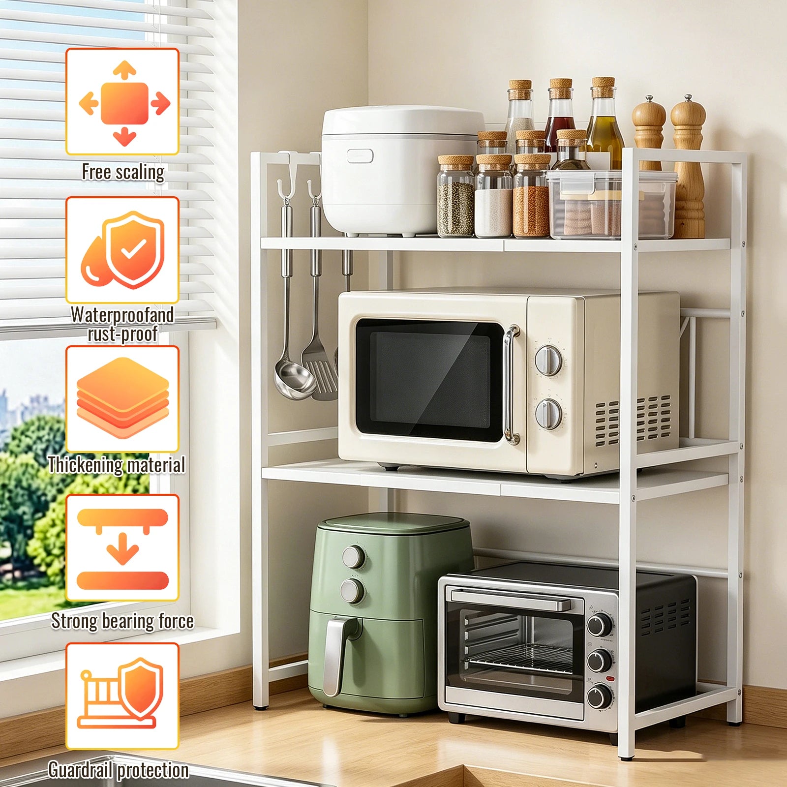 3-Tier Microwave Oven Rack Shelf Kitchen Countertop Oven Rack Expandable Seasoning Storage Rack Stand Storage Tableware Racks