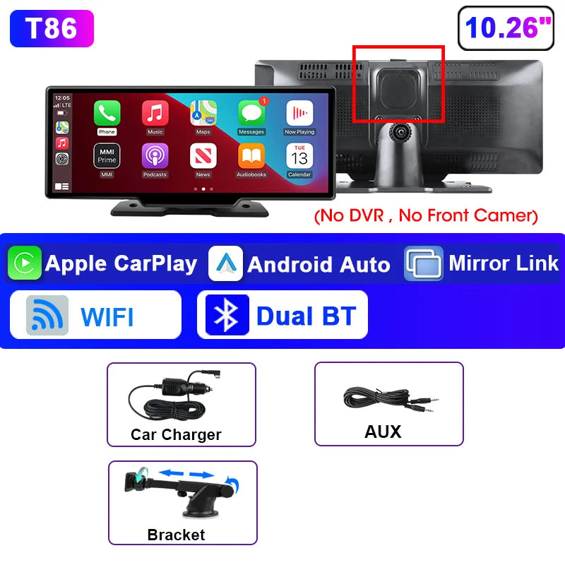 Srnubi 10.26" Dash Cam Rearview Wireless Carplay & Android Auto 4K DVR Navigation Player Dual Lens Recorder Dashboard WIFI 5.0BT