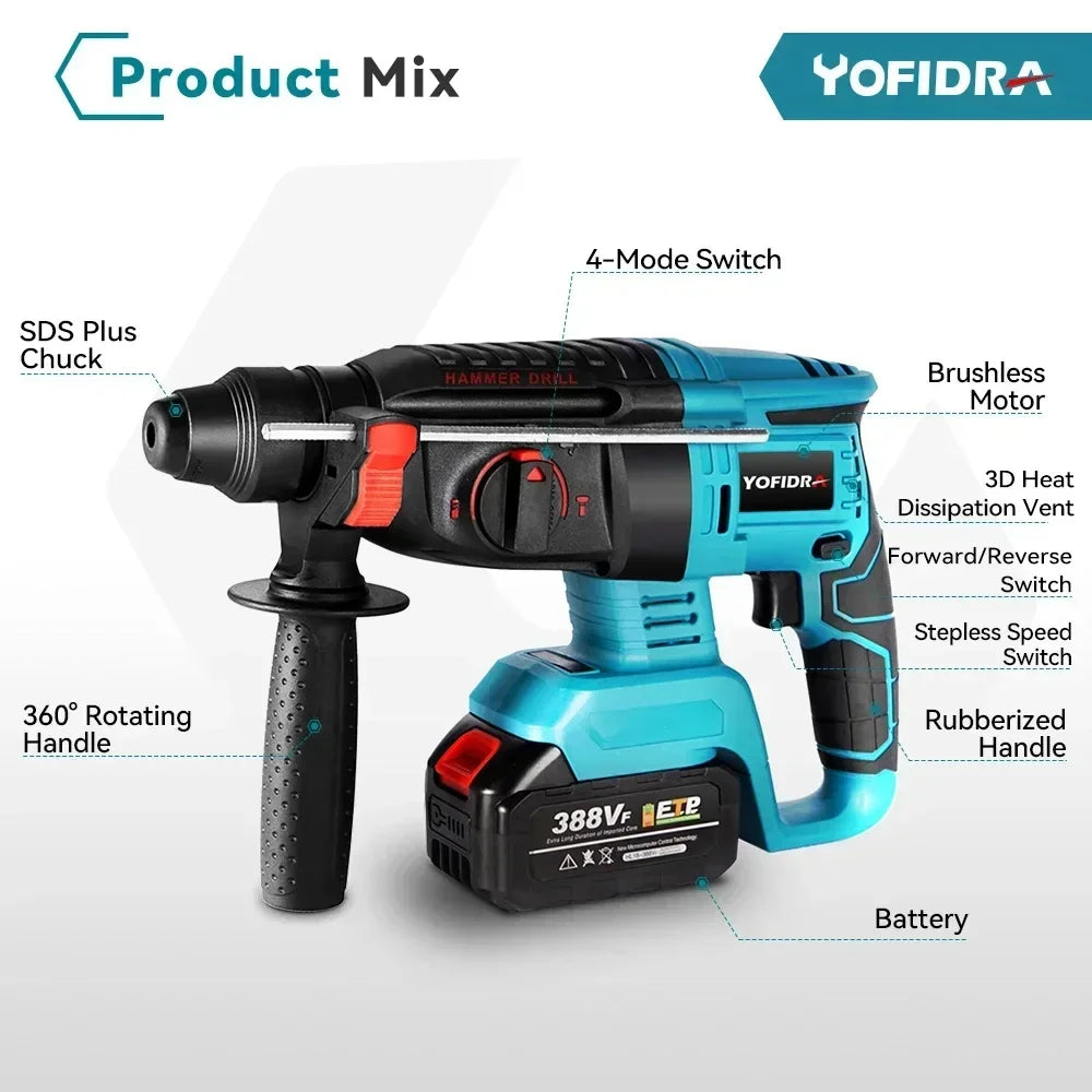 Yofidra 26mm Cylinder Brushless Motor Electric Hammer Drill with Drill Bits for Makita 18V Battery Cordless Impact Rotary Drill