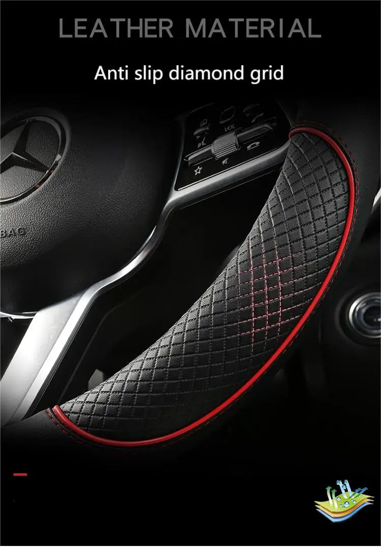 All Seasons Leather Diamond Steering Wheel Cover Universal Fit for 14 .5-15 Inch Durable Leather Cover Anti-Slip Veins Design
