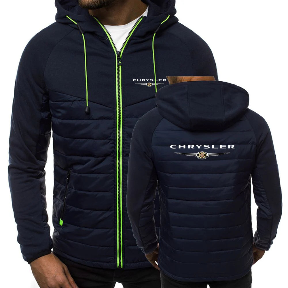 CHRYSLER 2022 Men's New Winter Hooded Cotton Jacket Casual Slim Fit Patchwork Zipper Coat Long Sleeves Warm Oversized Coat Tops