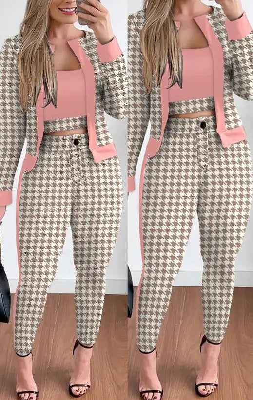 Two Piece Set Women Outfit Spring Fashion Plaid Print Contrast Paneled Open Front Long Sleeve Coat & Elegant Skinny Pants Set