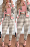 Two Piece Set Women Outfit Spring Fashion Plaid Print Contrast Paneled Open Front Long Sleeve Coat & Elegant Skinny Pants Set