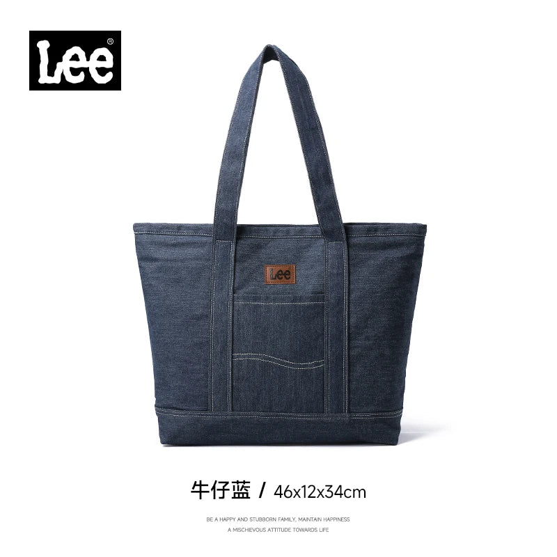 LEE Unisex Utility Canvas Leather Zipper Tote Bag Casual Denim Daily Shopping Handbag Women Men Durable Student School Book Bag