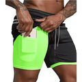 Calções esportivos de bolso embutido de fitness masculino verão 2 em 1 secagem rápida ginásio praia shorts correndo shorts de dois andares malha moletom