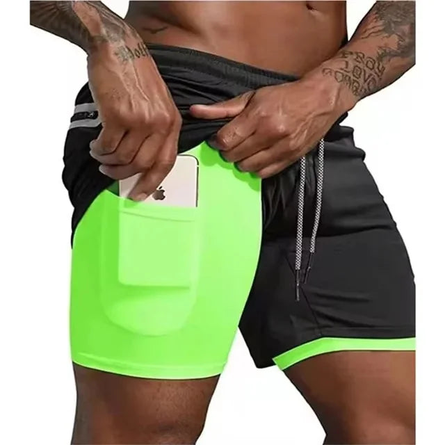 Calções esportivos de bolso embutido de fitness masculino verão 2 em 1 secagem rápida ginásio praia shorts correndo shorts de dois andares malha moletom